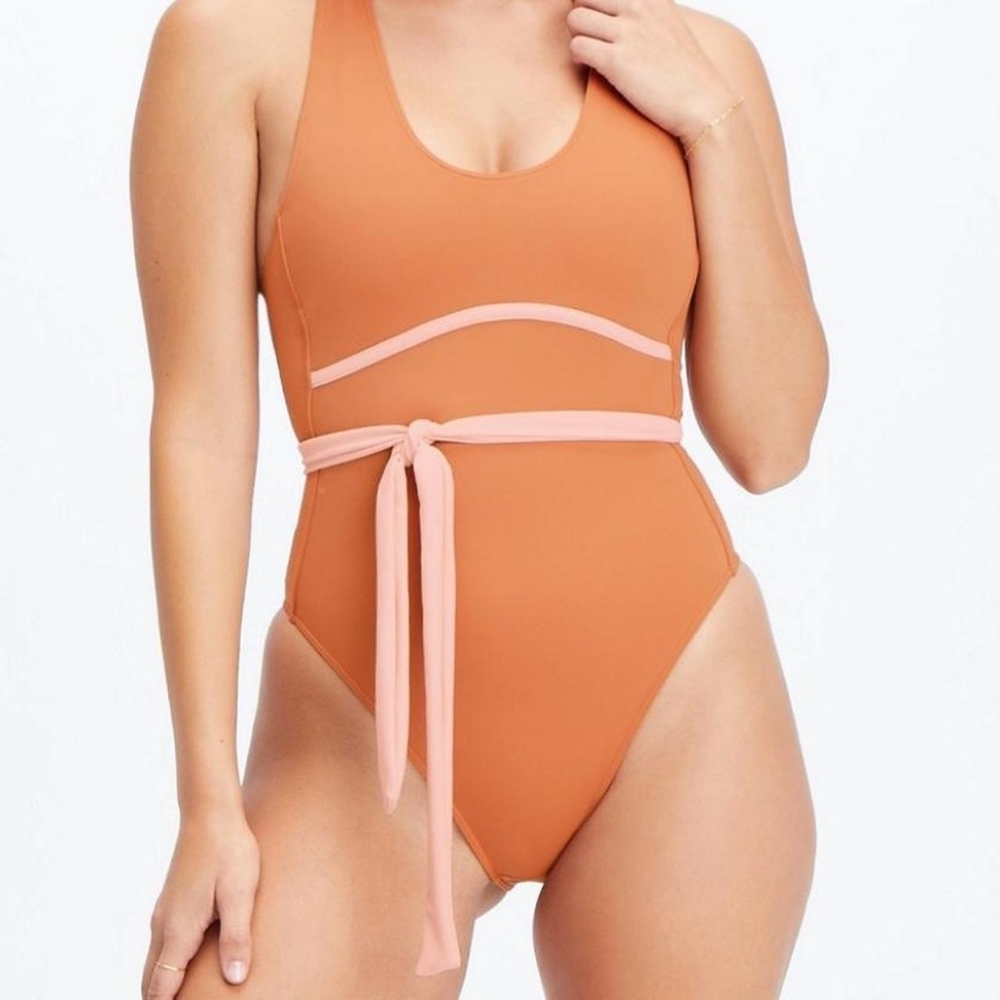 Fabletics Women's Orange and Pink Lace up Racer Back Swimsuit-one-piece